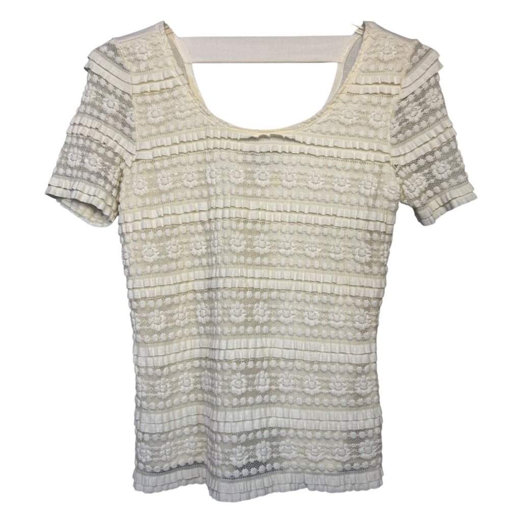 I N Studio Women’s Short Sleeve Lace Top Ivory Petite Large Nylon Blend Good